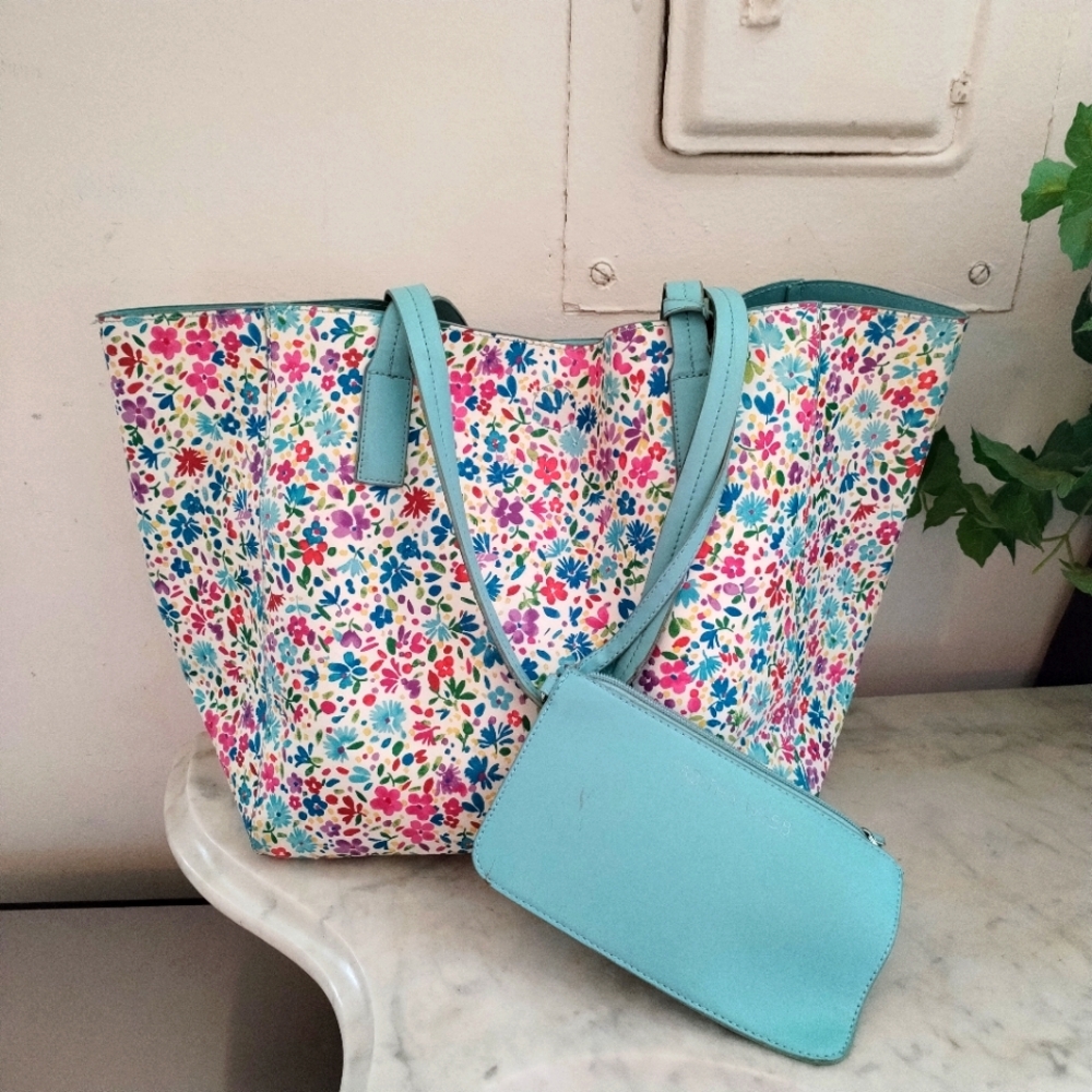 Tabitha Webb 12×20 Floral Tote Bag with Blue Accents